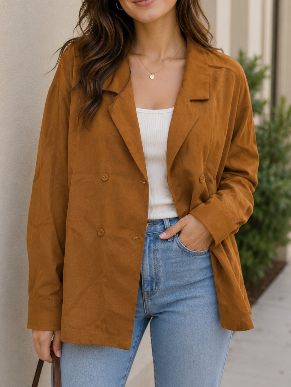 NWT Masai Rust Double-Breasted Blazer Jacket Lightweight Tailored Chic Layering